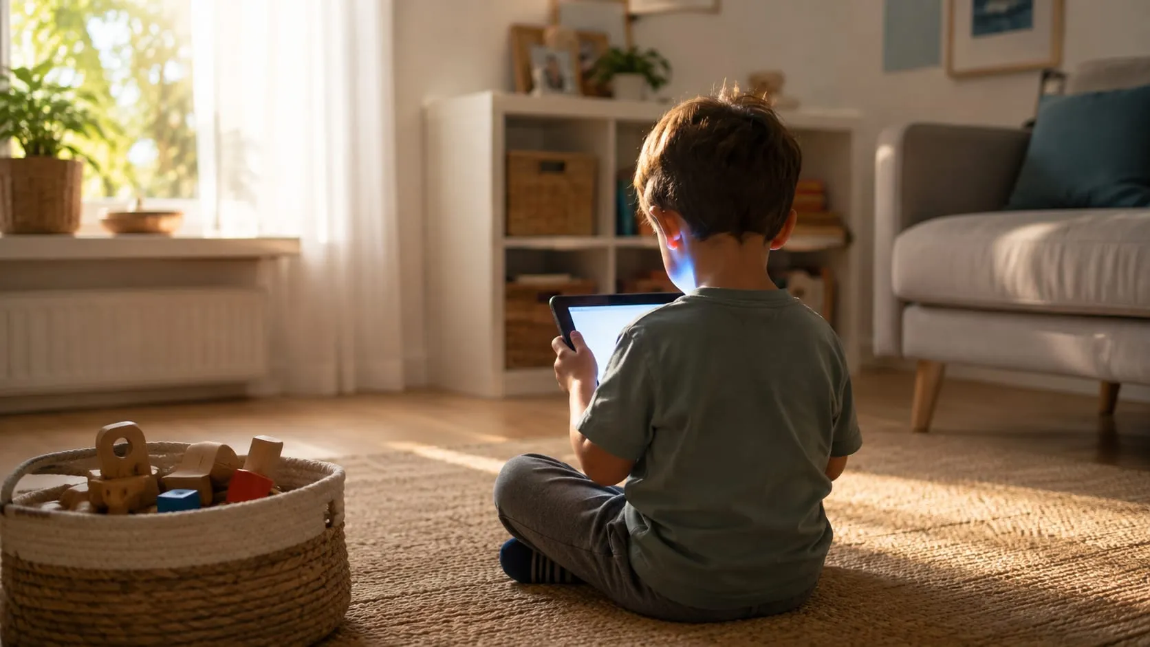 Evde tablet ekranına bakan okul öncesi çocuk